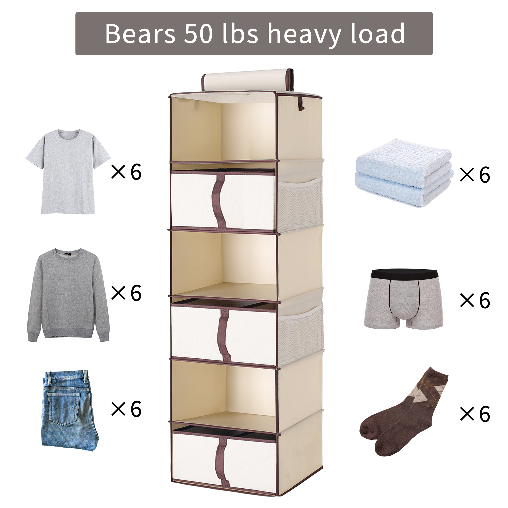 Foldable Hanging Closet Organizer with Drawers, 6-Shelf, Natural, Polyester Canvas, 13.60 x 12.20 x 42.50 inches