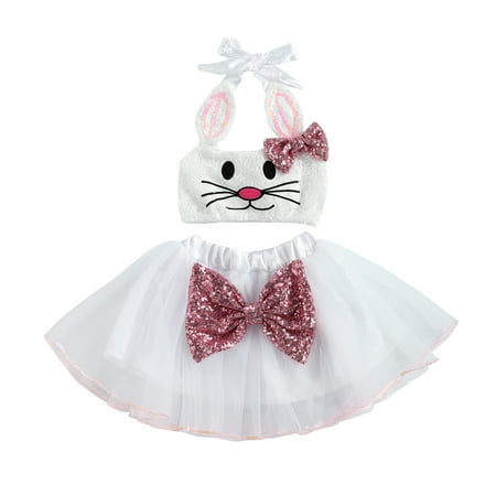 

Kiapeise Girls Easter Outfits Bunny Halter Sequin Crop Top Bowknot Tutu Skirts