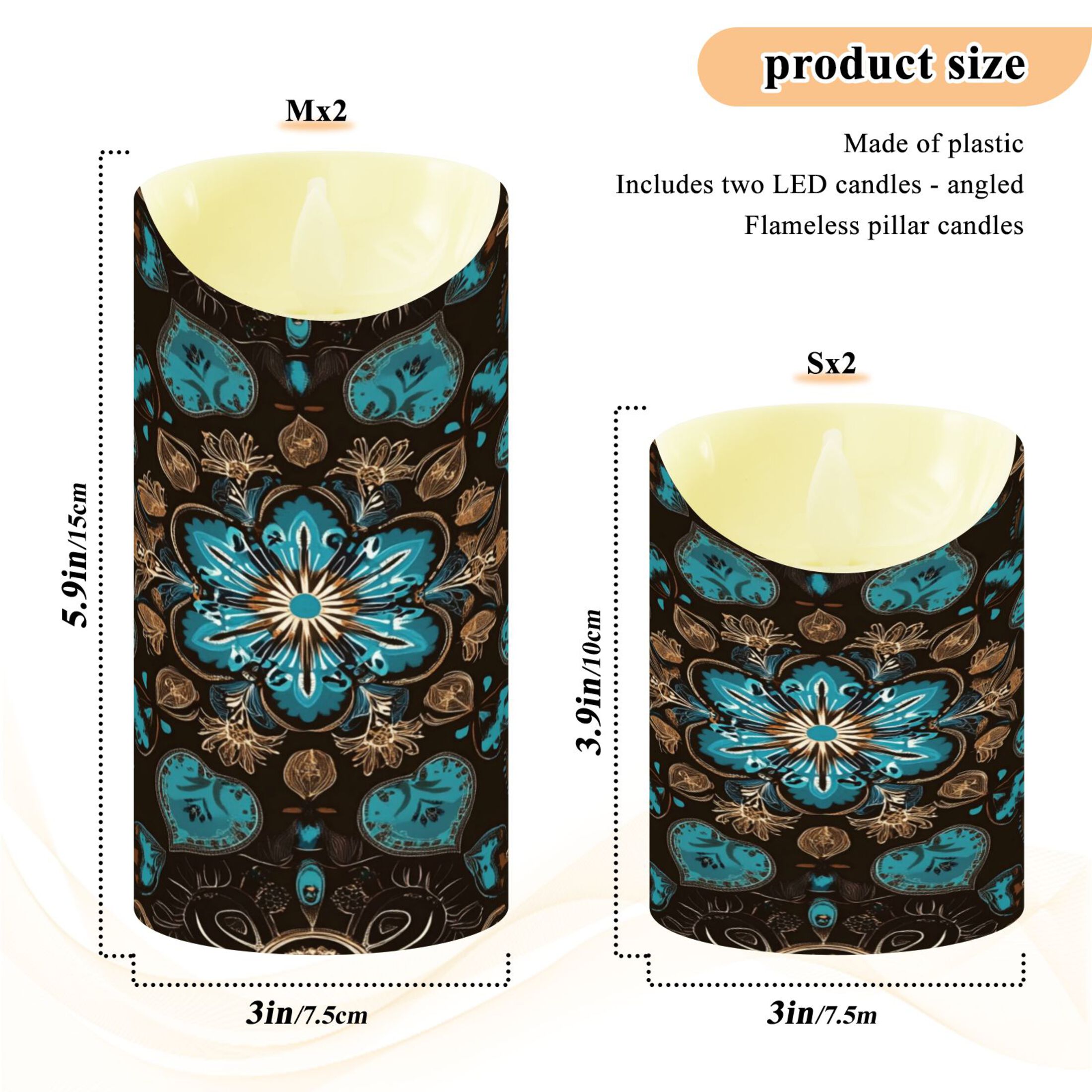 Wobogo Turquoise Mandalas Flameless Candles with Remote Battery Operated Flickering LED Candles with Timer 2/4/6/8H Medium Size