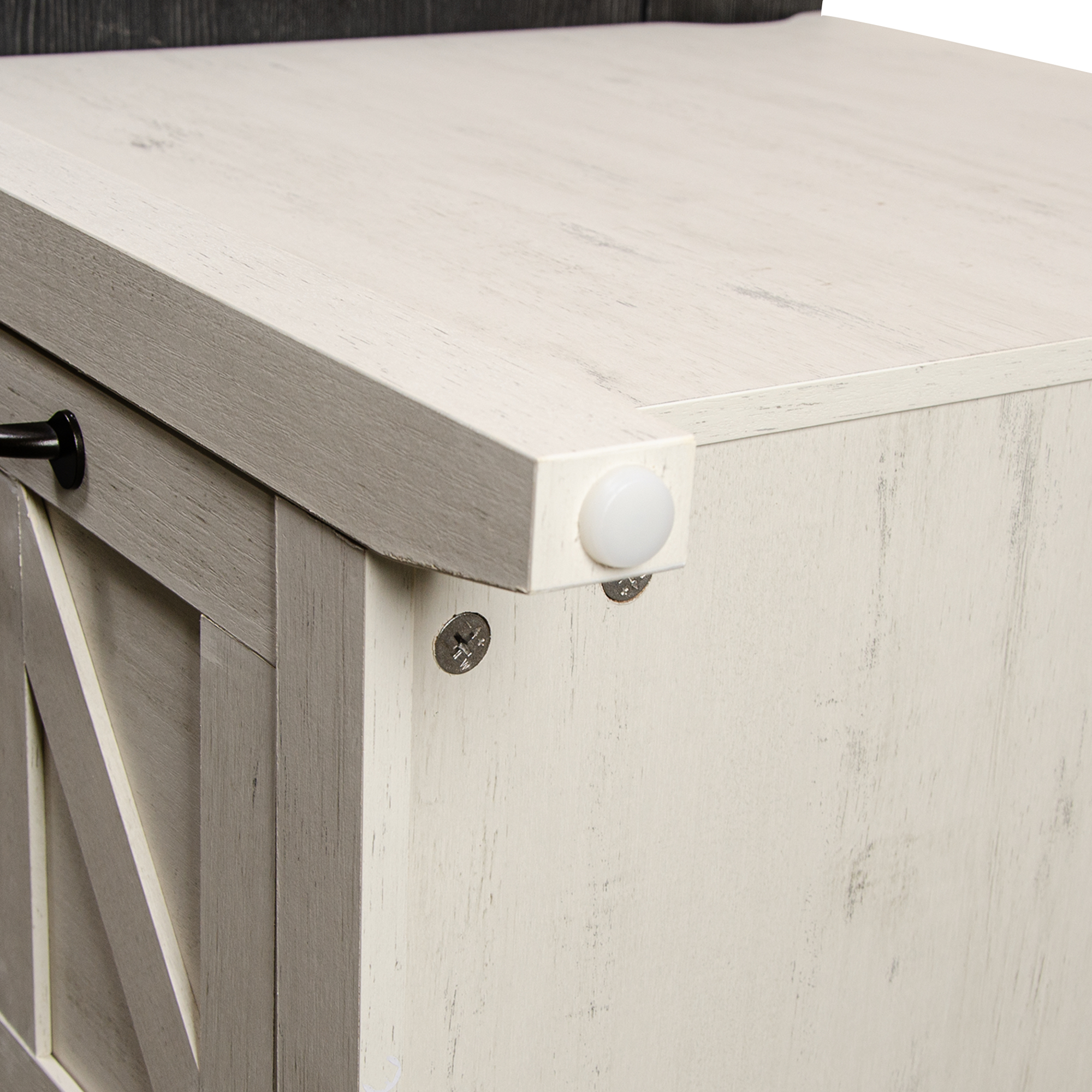 HOQBN Farmhouse End Table with Charging Station, Nightstand with Barn Door and Drawer, Bedside Table for Bedroom Living Room, White+Black