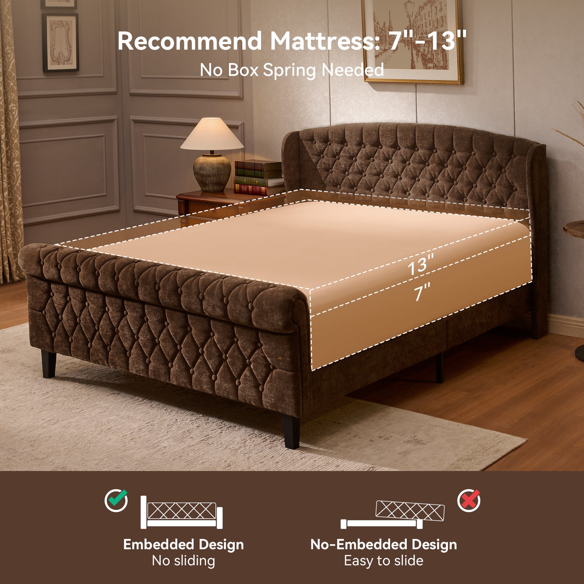 Sailvan Queen Bed Frame,Chenille Upholstered Platform Sleigh Bed Frame with Rolling Footboard, Button Tufted/Wooden Board Support/No Box Spring Required