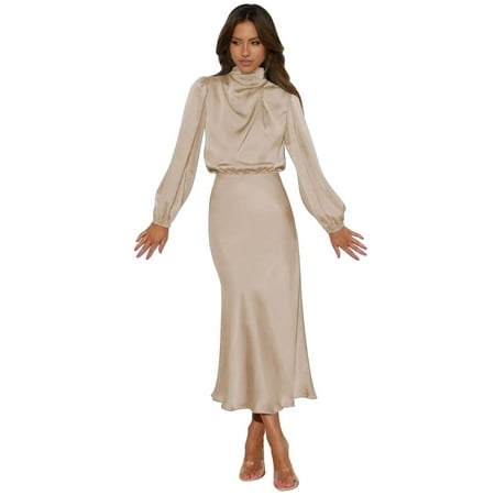 HAXMNOU Christmas Party Dresses for Women Mock Neck Satin Dress Elegant Long Sleeve Elastic High Waist Formal Wedding Cocktail Party Maxi Dresses Holiday Party Dress Khaki L