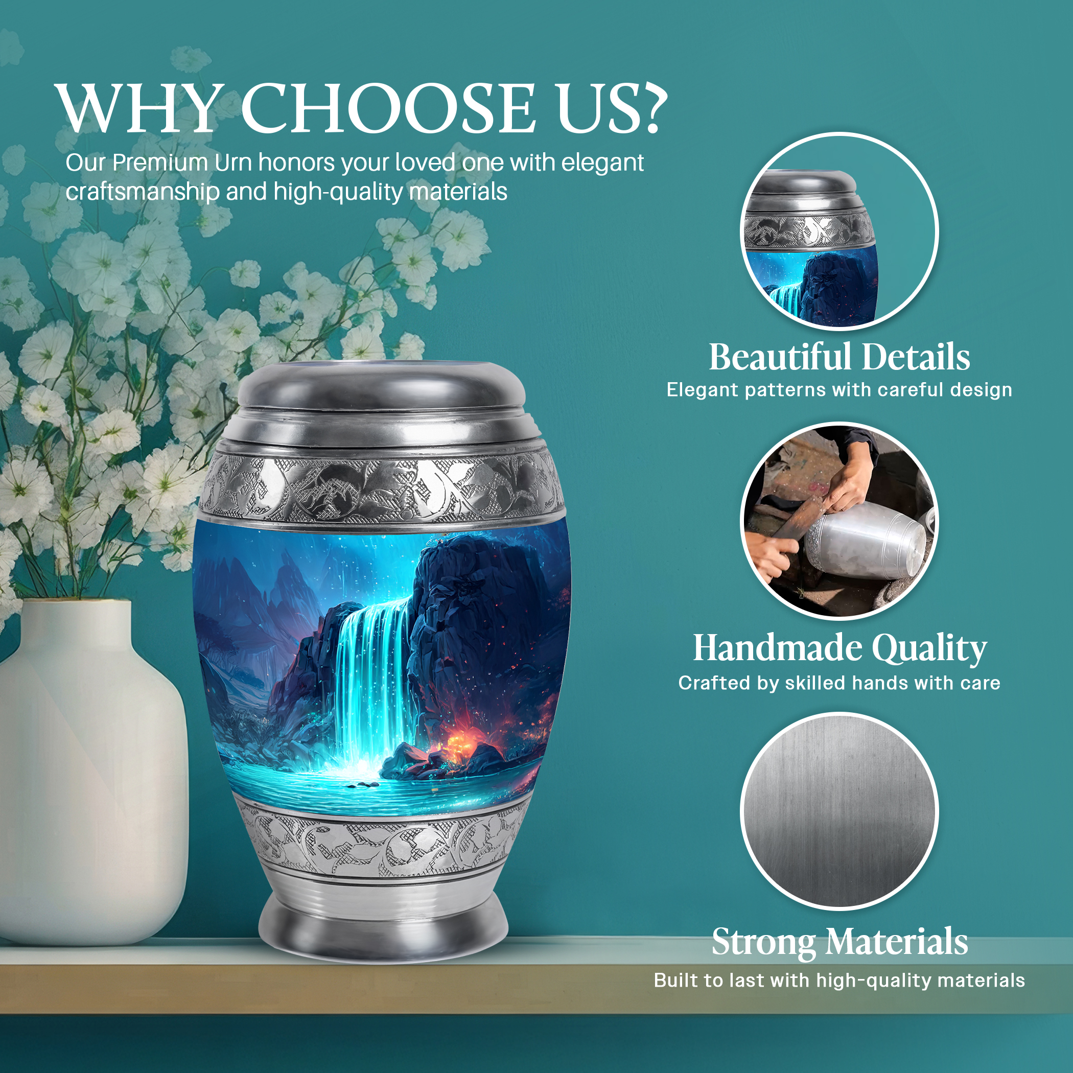 SABURIAL Waterfall Urn - Memorial Keepsakes For Ashes - Combo - 10 Inch Large With 3 Inch - Large Funeral Urns - Decorative Urn - Burial Urns For Male & Female