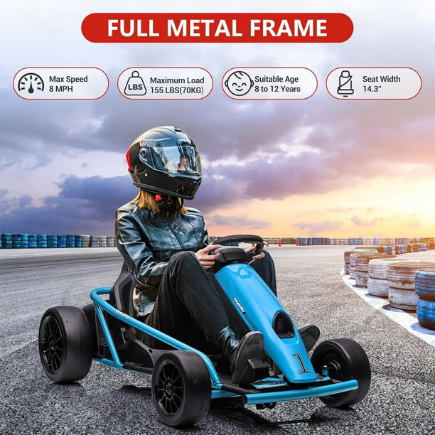 Historyli Kart de 24 V para niños mayores de 8 años, coche de carreras de 8 mph con música, color azul