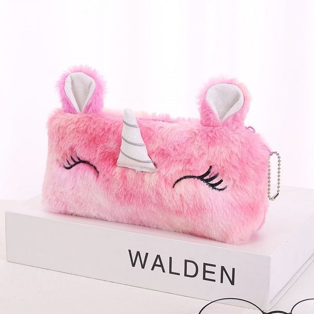 Estuche para lápices con forma de corazón de unicornio de peluche degradado para niña, bolsa de almacenamiento para estudiantes, papelería linda de gran capacidad