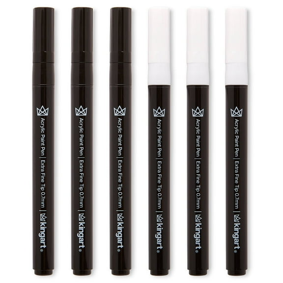 KINGART® PRO Extra Fine Point Acrylic Paint Pen Markers, Black & White, Set of 6 (3 each)