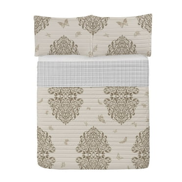 Vintage Reversible Bedspread Set, Delicate Butterflies Floating in the Air Retro Sprouting Floral Patterns Art Deco, Pillow Shams & Comforter Microfiber Bedding Set, 3 Sizes, Dark Tan, by Ambesonne