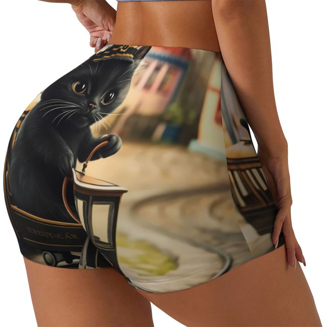 Balery Adorable Kitten On Mini Train Pantalones cortos de entrenamiento estampados para mujer, sin costuras, ajustados, para gimnasio, yoga, correr, deportes, ejercicio activo, fitness.-X-Large