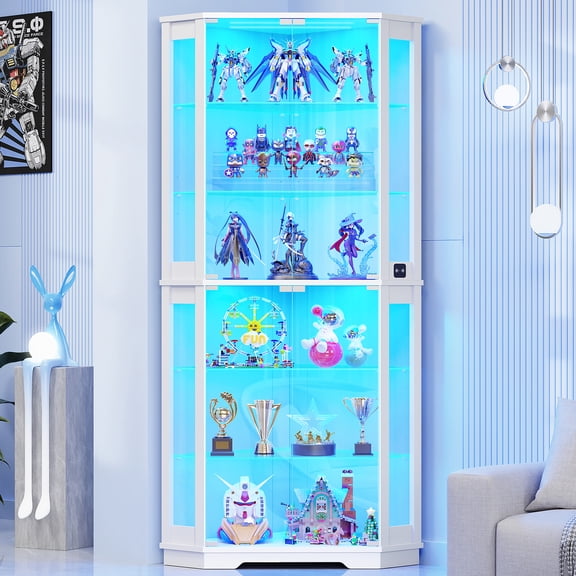 BROTTAR 71" Corner Display Cabinet with Glass Doors for Collectibles, 6-Tier Glass Display Case with 3-Color Lights & Human Body Sensor, Curio Cabinets with Adjustable Shelves for Living Room, White