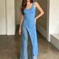 thumbnail image 5 of Craaazy Sleeveless Maxi Tank Tops for Women Slim Fit Square Neck Side Ruched Asymmetrical Split Hem Solid Color Long Blouse for Spring Summer Beach Daily Dating Wear, 5 of 8