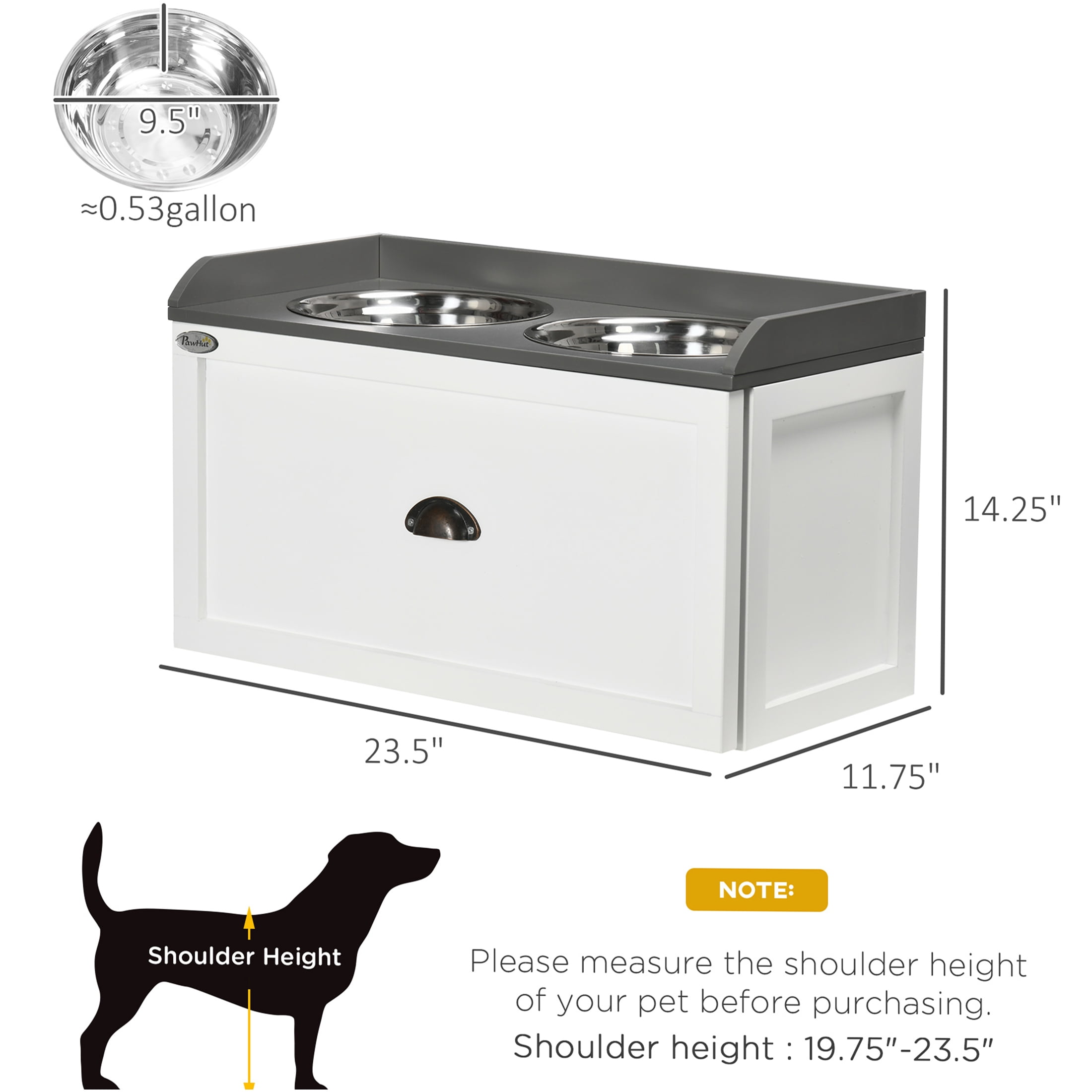 JERFIT Elevated Dog Feeder Station with Storage Drawer, White Wooden Pet Dining Table with 2 Stainless Steel Bowls for Large Dogs