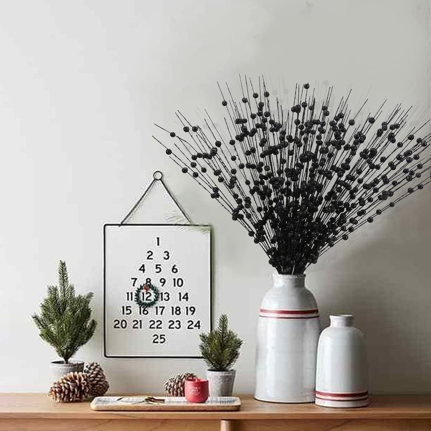 LQQBOX 30 Christmas Black Glitter Berries Stems 19.7 Inch Artificial Berries Picks for Christmas Tree Faux Holly Berry Twigs Branches for DIY Crafts Holiday Wedding Decor