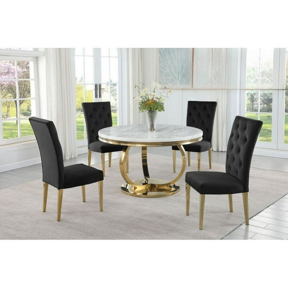 Modern Faux Marble 5-Piece Dining Set, 44" Round Dining Table with Velvet Tufted Side Chairs, Gold Frame, Black