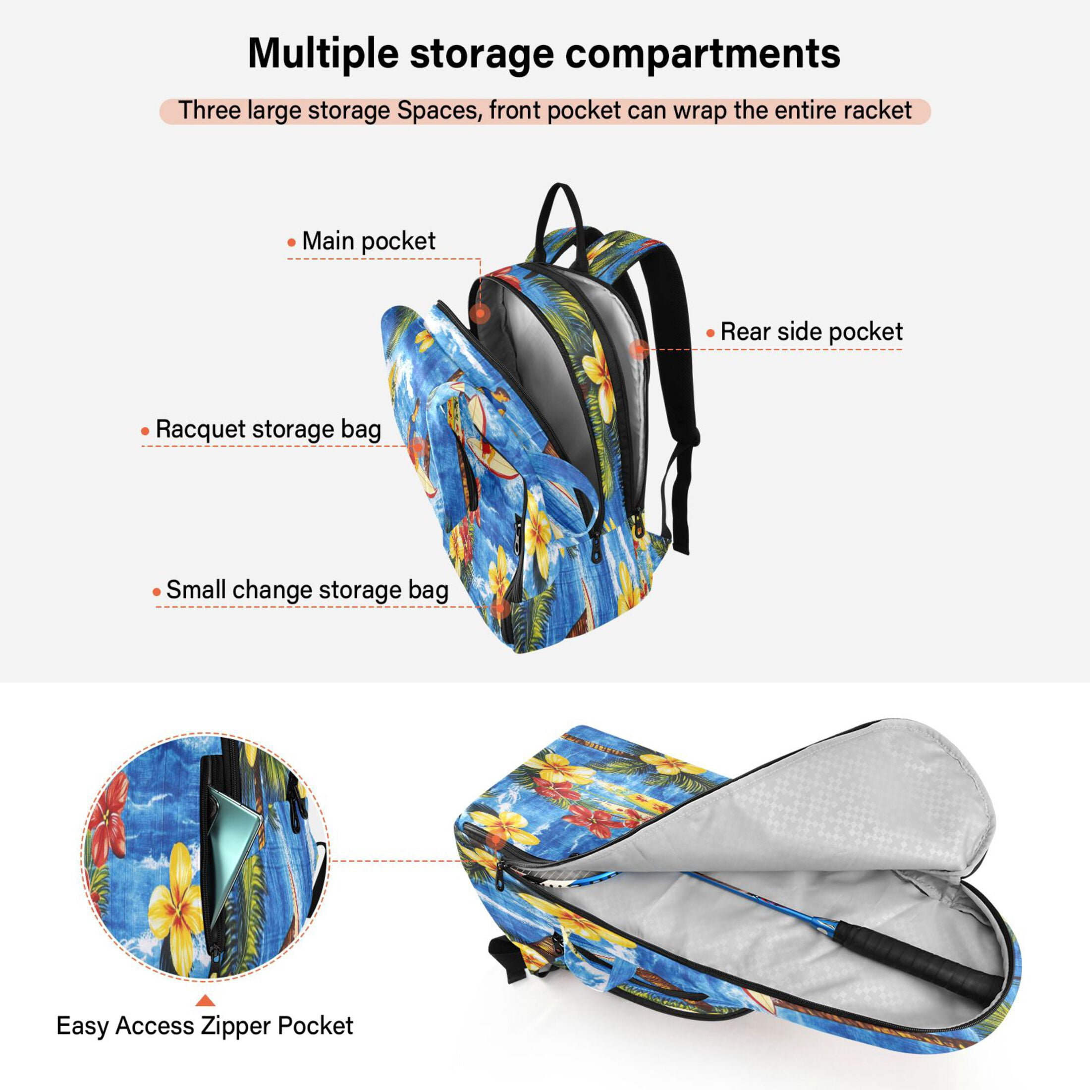 2 Racquet Holder Tennis Backpack Tennis Racket Covers Gym Bags Bright Blue Hawaiian