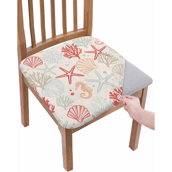 Red Orange Coastal Chair Seat Covers for Dining Room Stretch Chair Seat Covers Set of 2,Summer Beach Starfish Coral Nautical Rustic Chair Seat Protector Cushion Slipcovers for Kitchen Restaurant