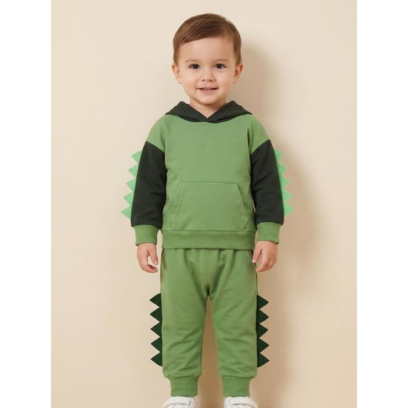 Toddler Boy Dinosaur Outfits, Contrast Color Long Sleeve Hoodie Elastic Waist Pants 2 Piece Set for Fall