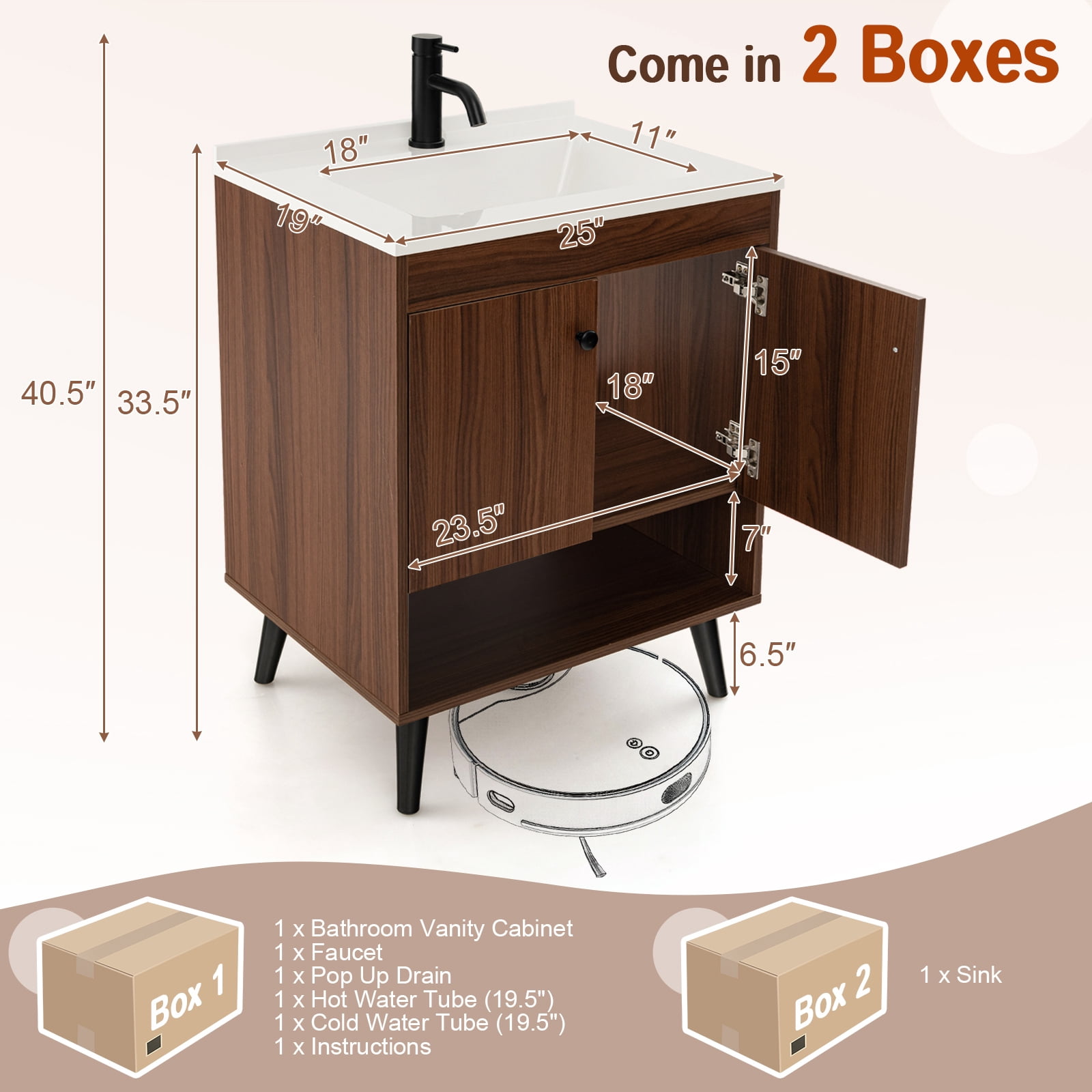Giantex 25” Bathroom Vanity w/Sink Combo, Freestanding Cabinet, Wooden Faucet and Pop Up Drain