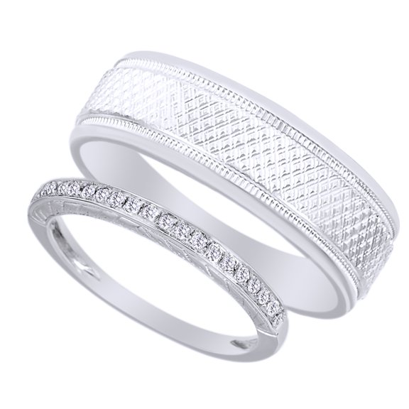 AFFY Rounds Cut White Natural Diamond His And Hers Wedding Band Set in 14K White Gold (0.13 Cttw)