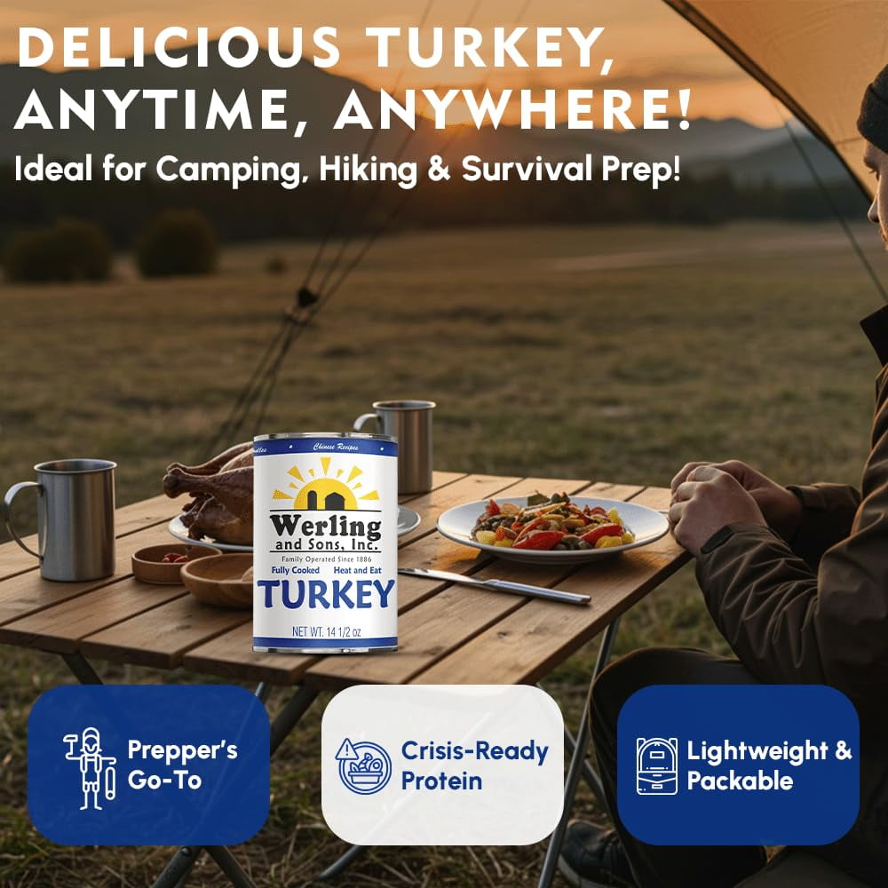 Werling & Sons Fully Cooked Canned Turkey Meat 14.5 Oz Heat & Eat Recipe Ready Canned Meat for Everyday Quick Meals, Camping, Emergency Canned Food & Survival Preparedness Pack of 6