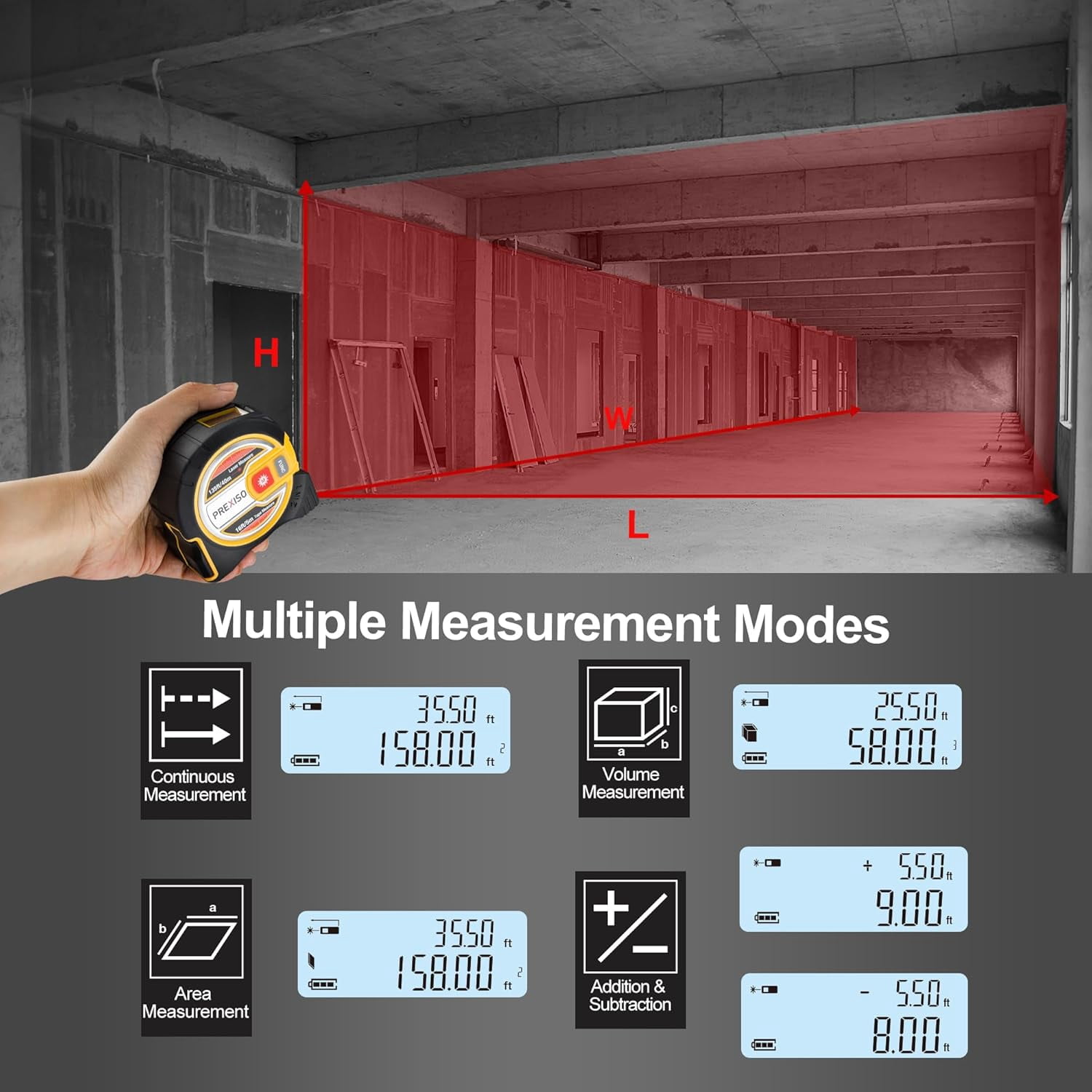 PREXISO 2-in-1 Laser Tape Measure, 135 ft Laser Measurement Tool & 16 ft Measuring Tape with Auto Lock & Movable Magnetic Hook - Pythagorean, Area, Volume-NOT Digital