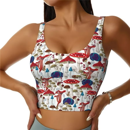 Jgfou Colorful Mushrooms (2) Print Womens Sports Bra - Padded Workout Sports Bras Crop Tank Top