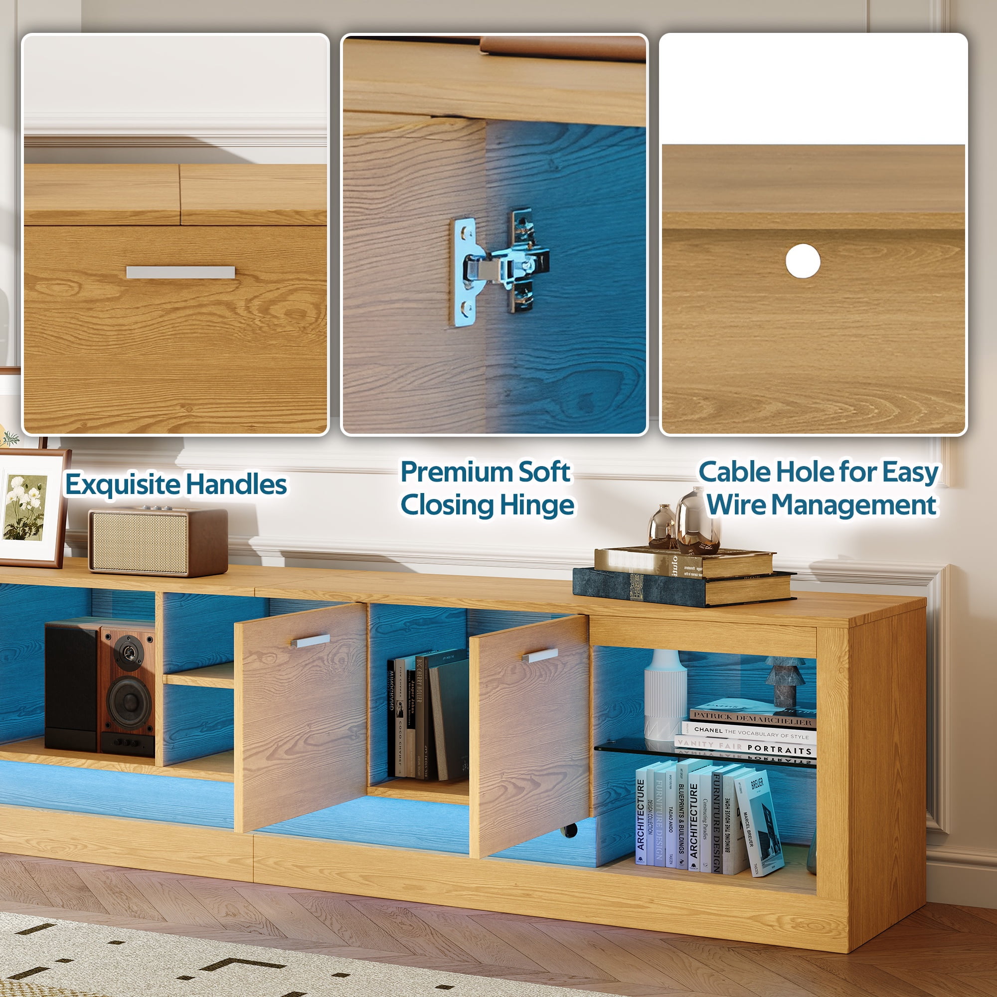 PORKISS LED TV Stand for up to 85" TVs, 78.7" Large Entertainment Center Console Table Open Shelf with 4 Storage Cabinets, Natural Wood