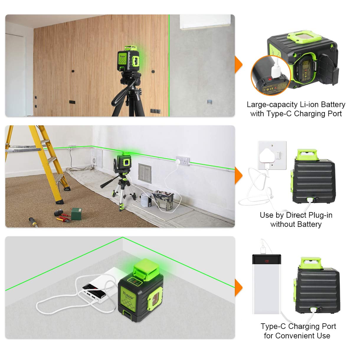 360 Degree Self-leveling Laser Level, 200Ft Green Beam Multi-Line Laser Level Tools with Li-ion Battery, Type-C Charging Port and 360° Magnetic Pivoting Base