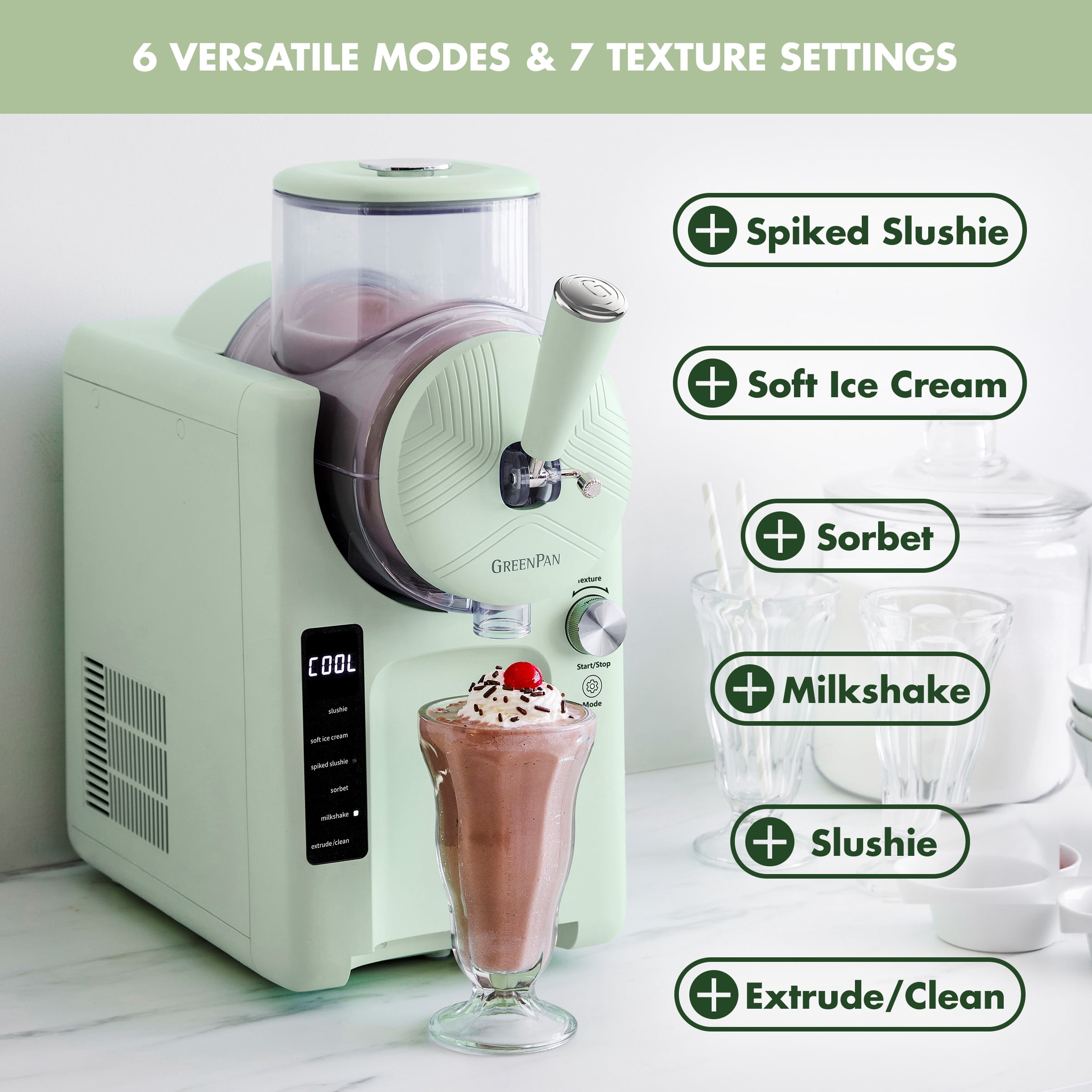 GreenPan Frost 6 Mode, Ice Cream, Frozen Drink & Milkshake Maker, No Freezer Needed, Easy Clean Parts, Green