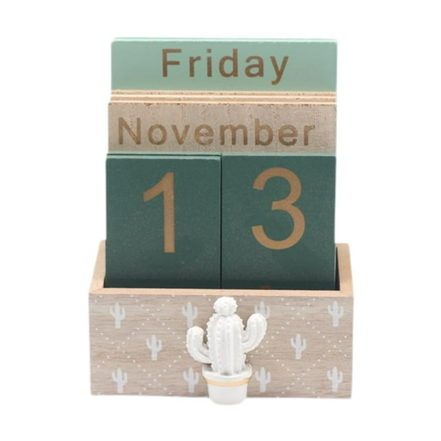 Rongfmy Perpetual Calendar Desktop Standing Calendar Office Wood Block Calendar Desk Cactus