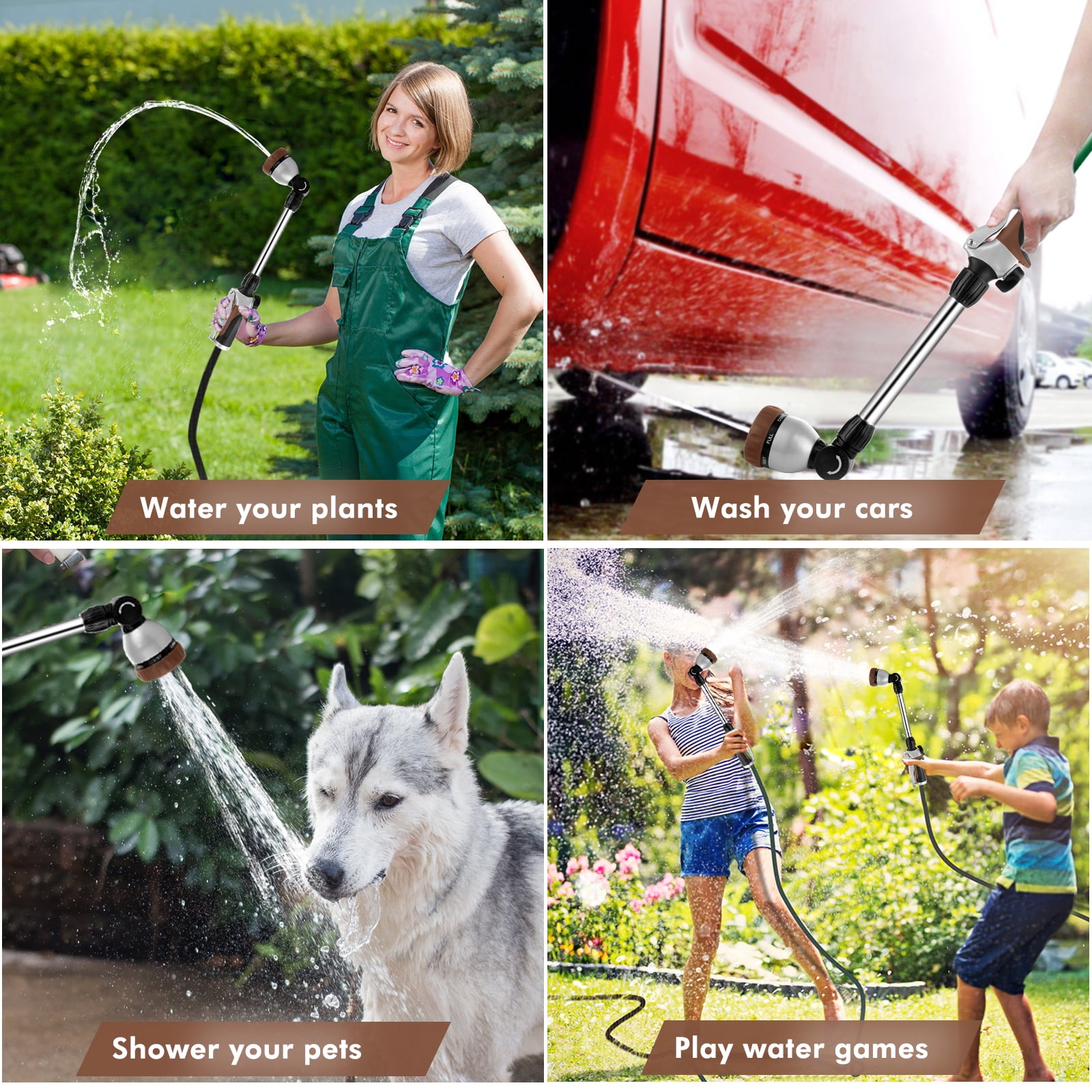 Restmo Heavy Duty Metal Watering Wand ,16-Inch Garden Hose Sprayer with 180° Swivel Head, 7 Spray Patterns & Flow Control, Brown