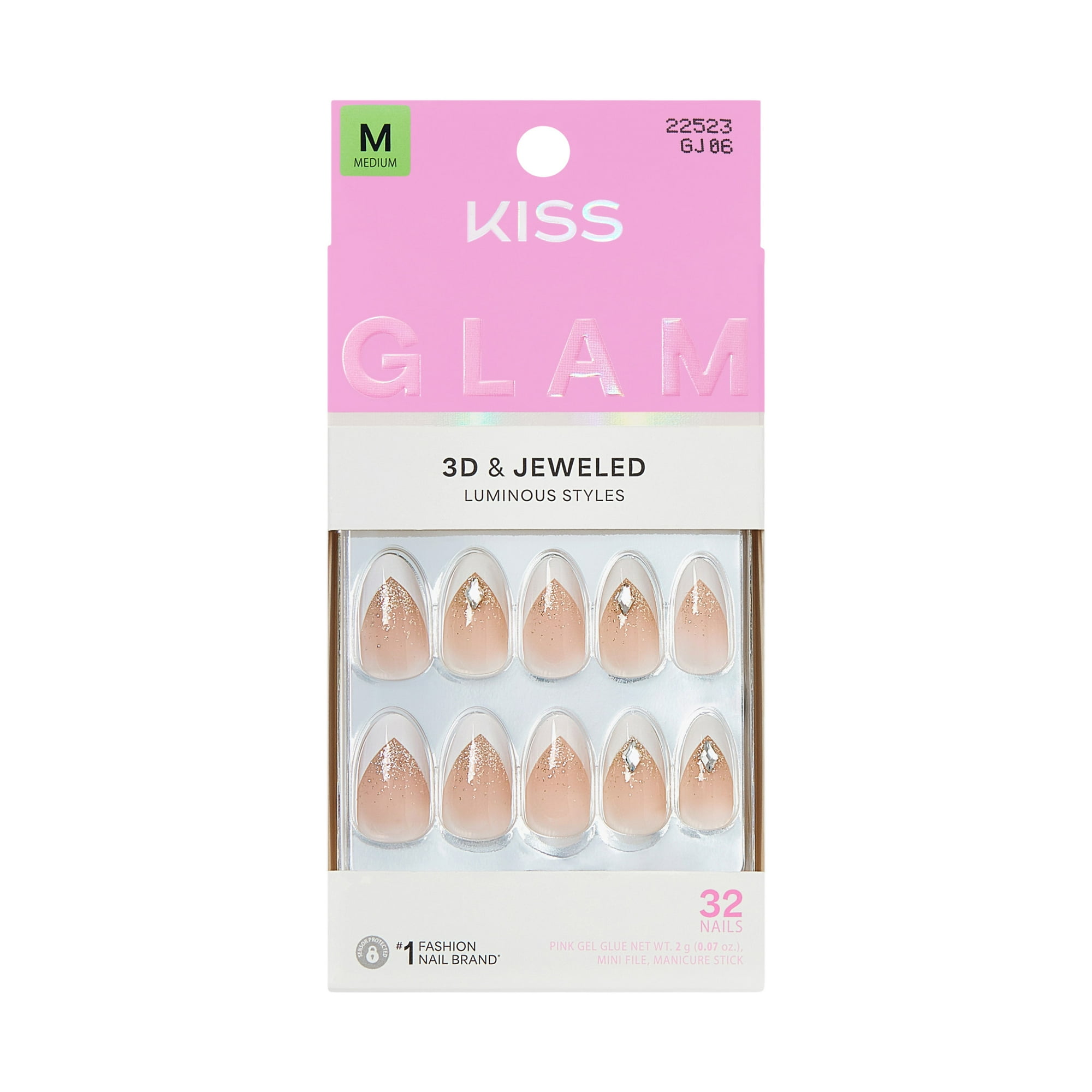 Kiss Glam 3D & Jeweled Medium Almond Press-On Nails, Neutral, 32 Pieces