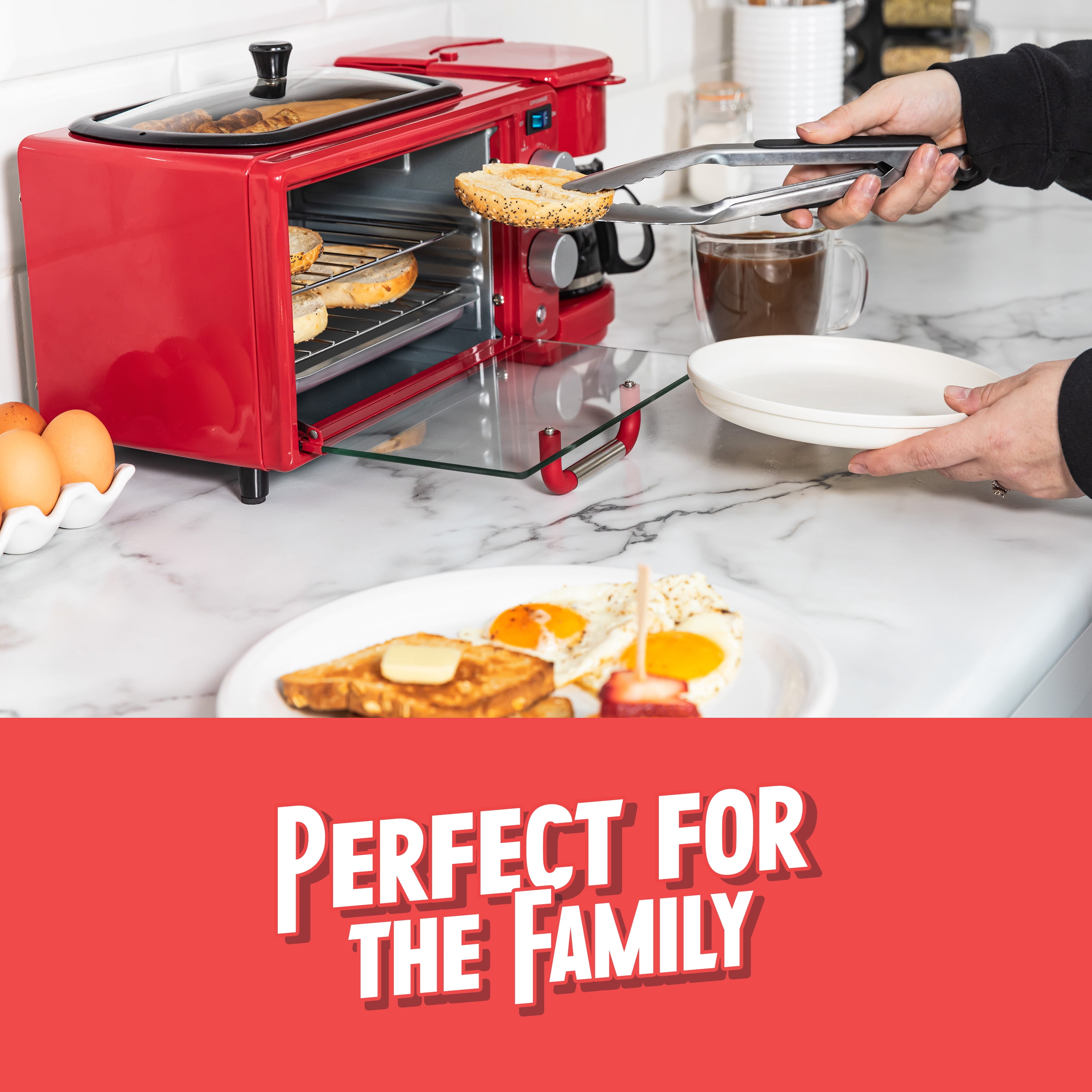 Nostalgia 3-in-1 Retro Breakfast Station - Includes 5 Cup Coffee Maker, Non-Stick Ceramic Griddle, and 4-Slice Toaster Oven - Built-In Timer, Reusable Coffee Filter, Space-Saving Design - Red