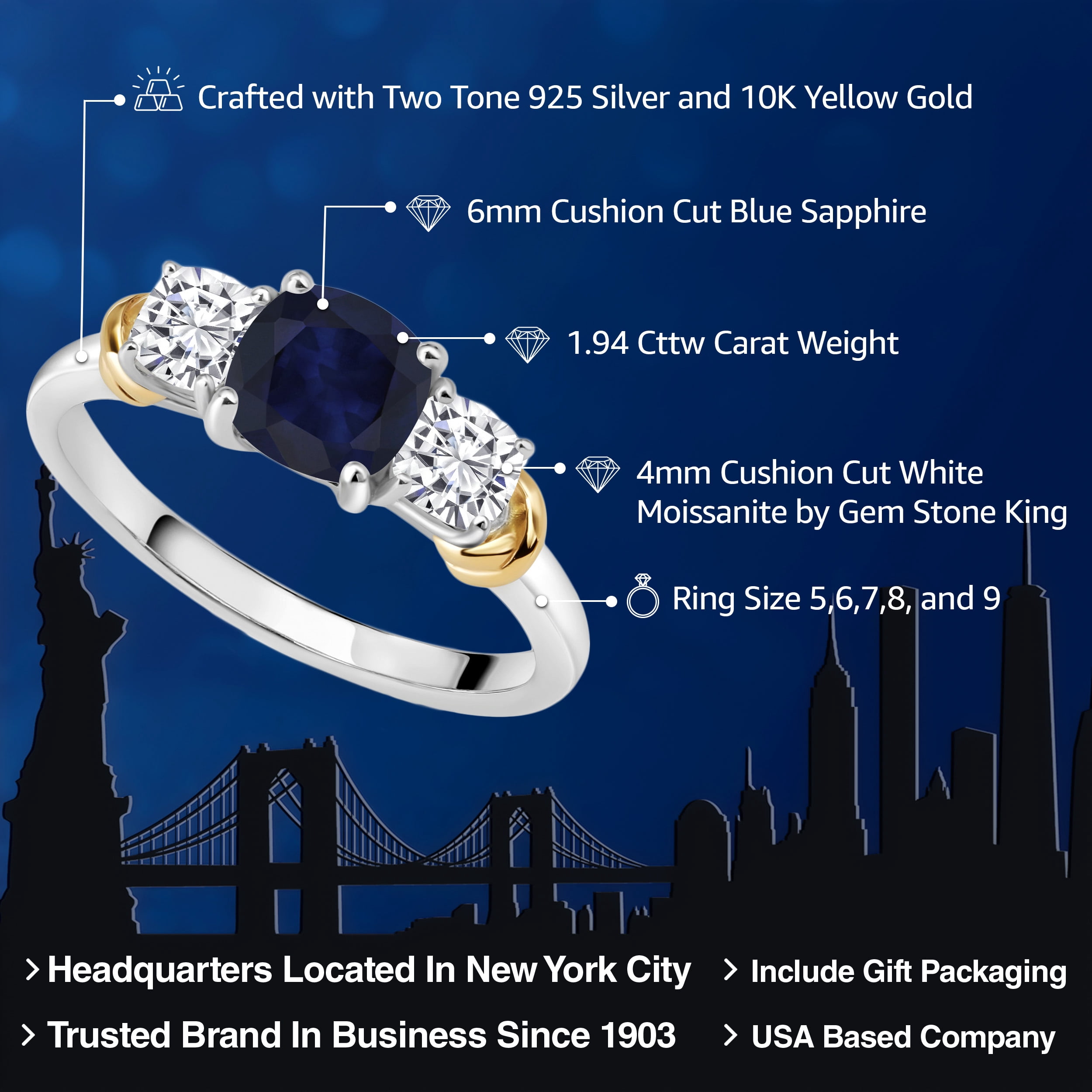 Gem Stone King 925 Sterling Silver and 10K Yellow Gold Blue Sapphire and White Moissanite 3 Stone Engagement Ring for Women (1.94 Cttw, Cushion Cut 6MM and 4MM, Available in Size 5, 6, 7, 8, 9)