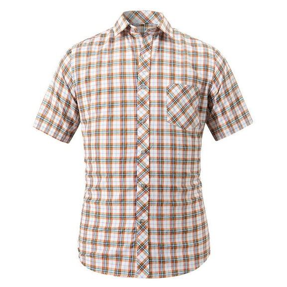WREESH Men's Casual Button Down Shirts with Turndown Collar and Pocket Short Sleeve Plaid Cotton Top Orange