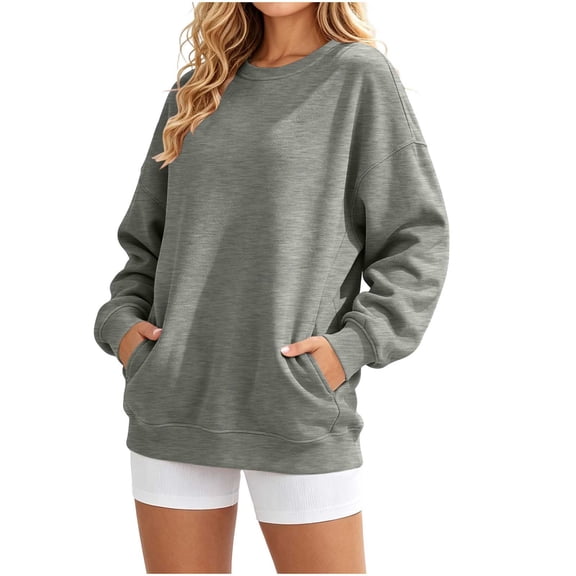 Fesfesfes Women's Casual Crew Neck Long Sleeve Sweatshirt Loose Fit Solid Color Pullover Top with Front Pockets Gathered Back Detail for Fall Winter Daily Wear