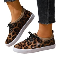 Low Top Sneakers for Women Leopard Print Lace up Round Toe Flat Shoes Comfy Slip on Casual Tennis Shoes Brown Size 8