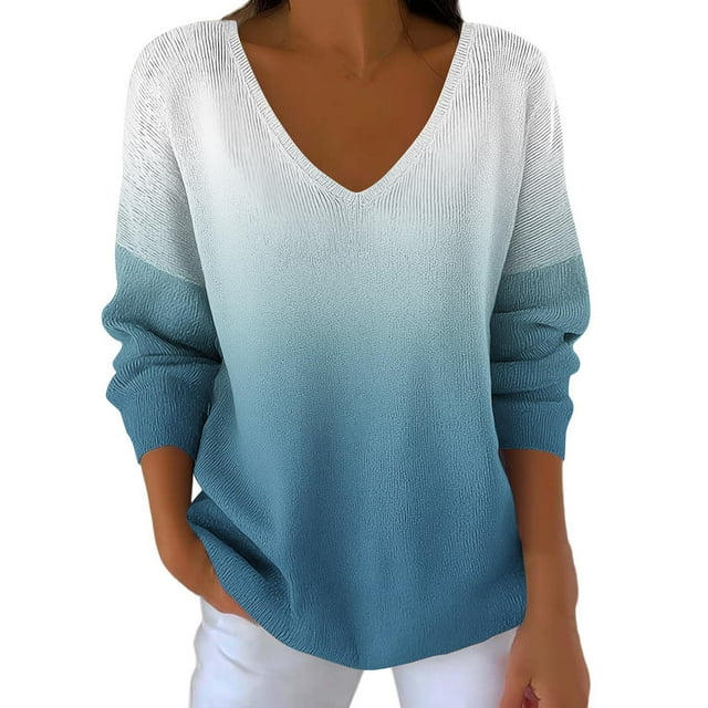 Hauts Décontractés pour Femmes, Haut Décontracté à Coupe Régulière Dégradé Imprimé Col en V Manches Longues Ample et Polyvalent, Hauts Floraux pour Femmes