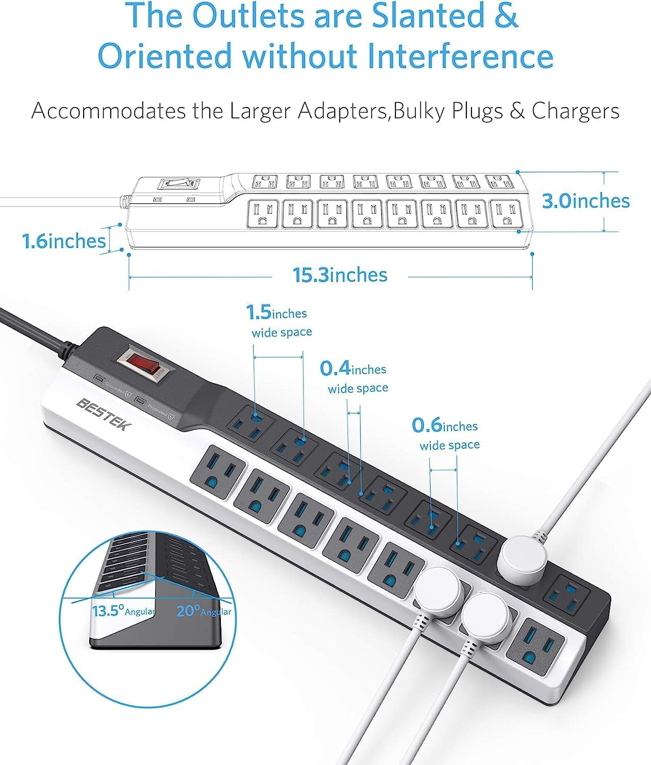 BESTEK 16 Outlet Power Strip Surge Protector with 6Ft Long Extension Cord, 500J, Wall Mount, Wide Spacing Multi Plugs Adapter for 16 AC Outlets, Black
