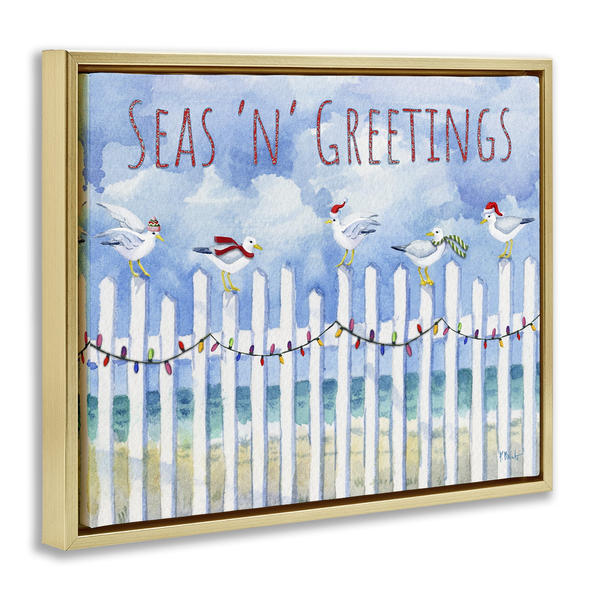 Stupell Industries Seas 'n' Greetings Seagulls Holiday Painting Gold Floater Framed Canvas Art Print Wall Art, 31 x 25
