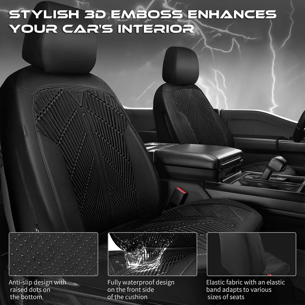 CAR GRAND neoprene waterproof car seat covers front pair wet suit all weather non slip durable universal fit SUV sedan truck van automotive arm rest airbag compatible black