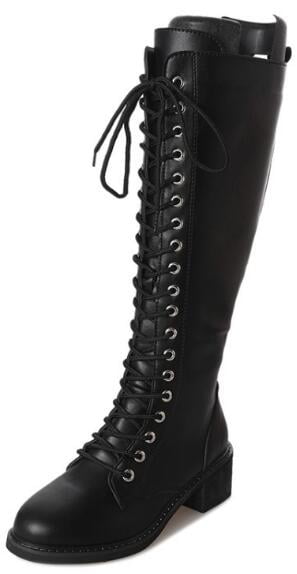 womens black leather knee high lace up boots