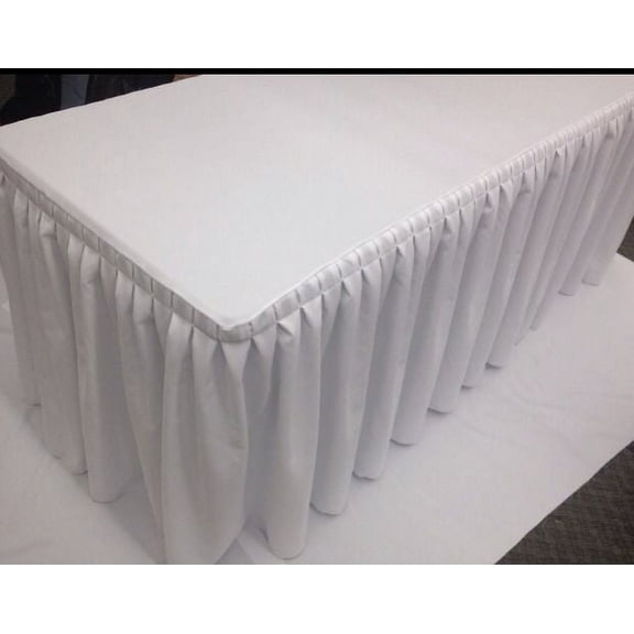 8' Fitted Polyester Double Pleated Table Skirting Cover w/Top Topper shows White"