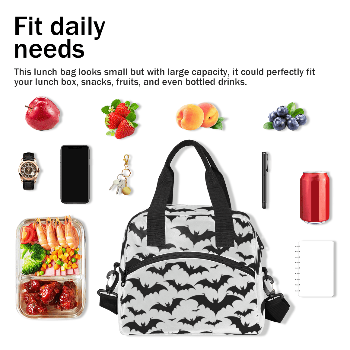 Herdesigns Halloween Bat Insulated Lunch Bag for Women Men Adults Large Reusable Lunch Box Black and White Bat Leakproof Cooler Tote Bags with Adjustable Shoulder Strap