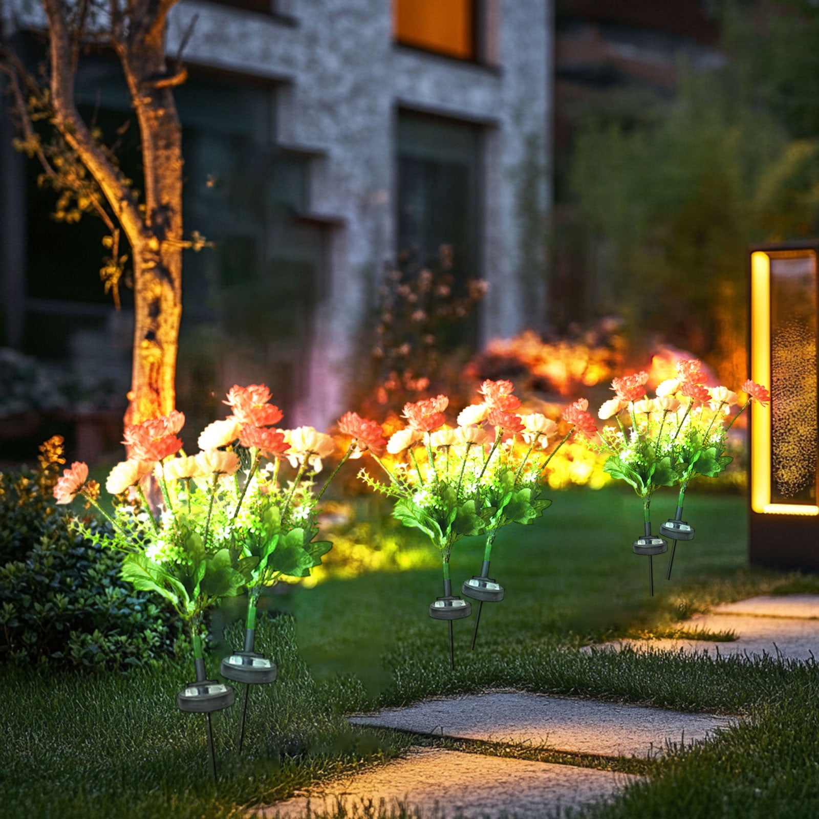 Solar Garden Lights LED Colorful Waterproof Solar Powered Snow Lotuss Landscape Lights Automatic Lighting In Darkness for Pathway Patio Yard Garden Decor (Sunset red + Champagne Color)