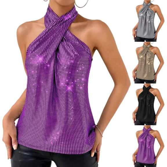 Laqbezok Chic Halter Criss Cross Sequin Tank Top, Women's Sparkly Sleeveless Party Camisole, Shiny Night Out Outfit