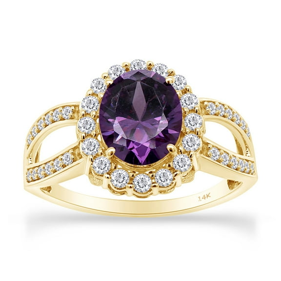 AFFY Oval Cut Simulated Amethyst & White CZ 14k Yellow Gold Over Sterling Silver Vintage Style Engagement Ring, Ring size-6.5