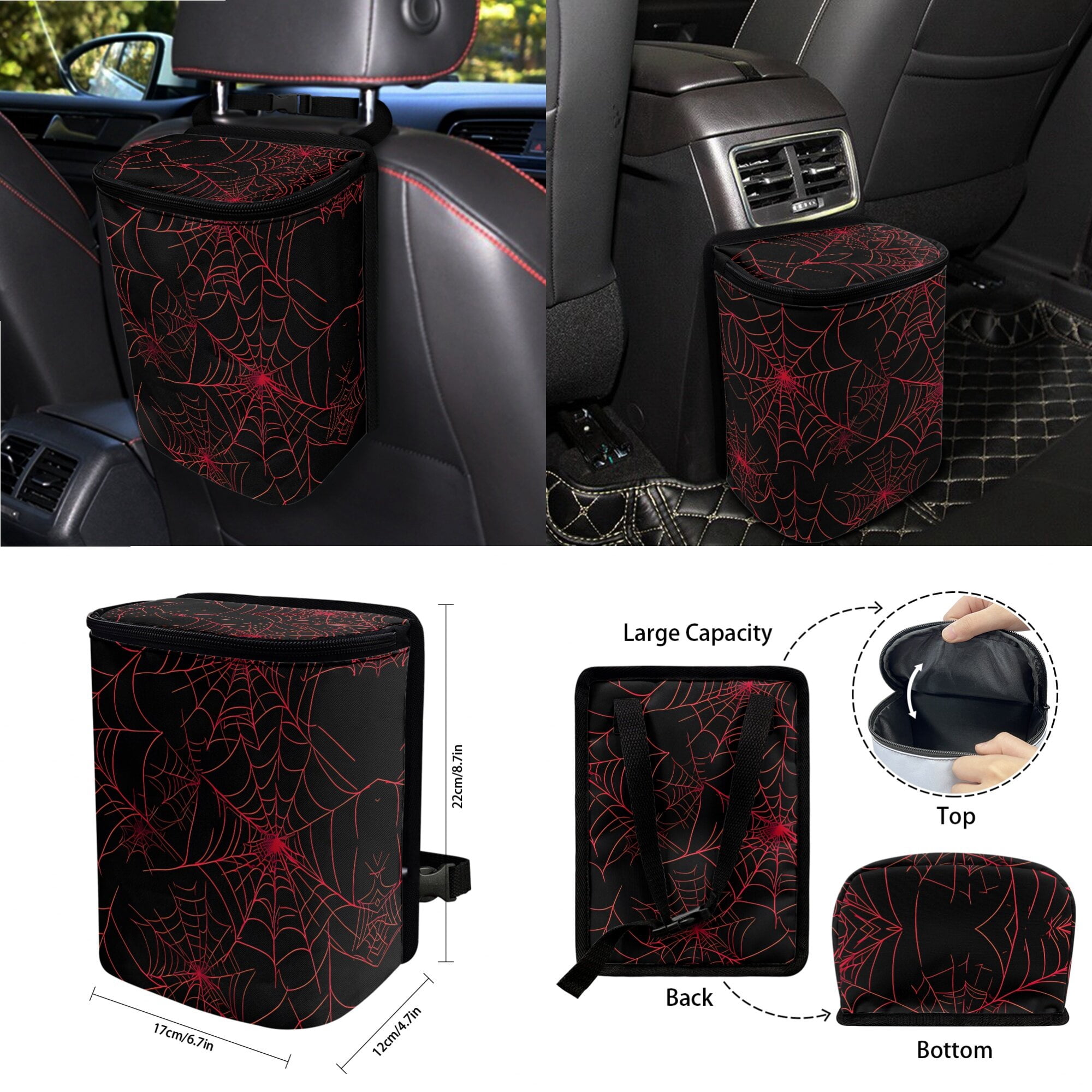 LedBack Spider Web Print Car Seat Cover Set for Men Decorative High Back Bucket Seat Cover with Safety Belt Pads Car Air Vent Storage Pouch Rear View Mirror Protector Universal Fit