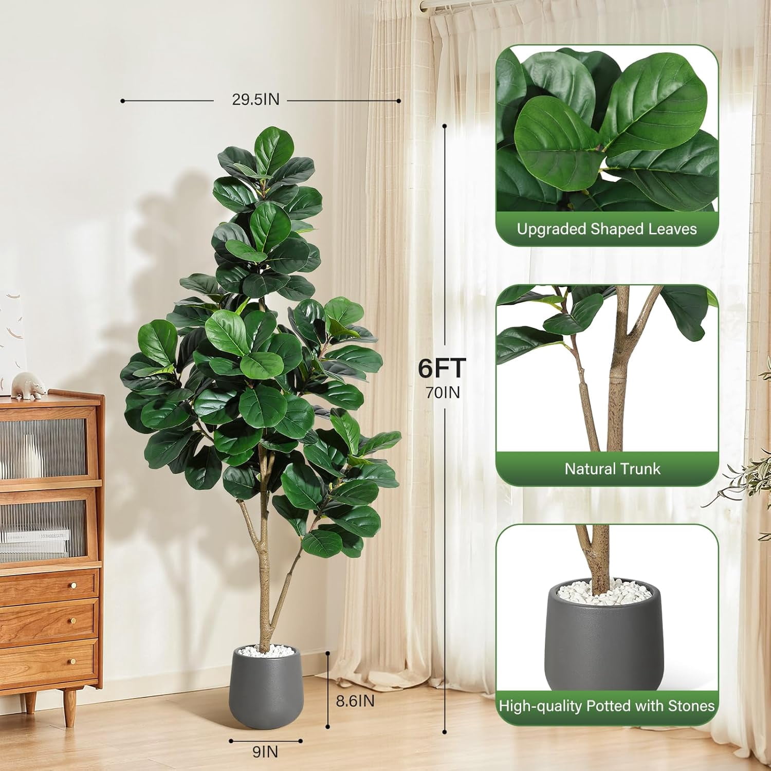6 ft Fiddle Leaf Fig Tree Artificial with 108 Leaves - Realistic Faux Ficus Lyrata Trees in 9 in Grey Planter Pot, Indoor Fake Floor Plants for Home Office Living Room Decor, Housewarming Gift