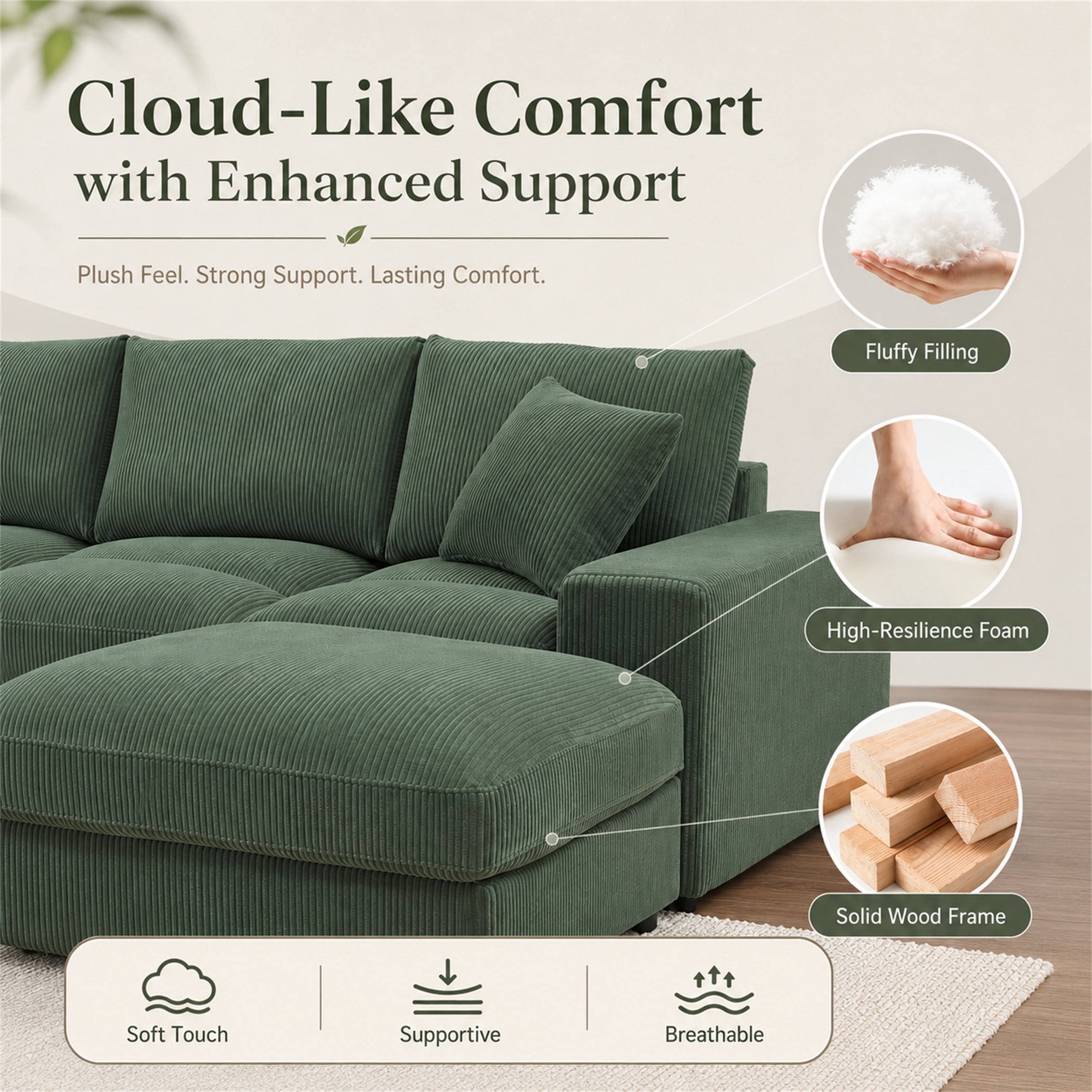 Aukfa 135" Oversized U shape Sectional Couch Modular Sofa for Living Room, 2 Ottoman&Pillows, 25" Deep Seat, Corduroy, Dark Green