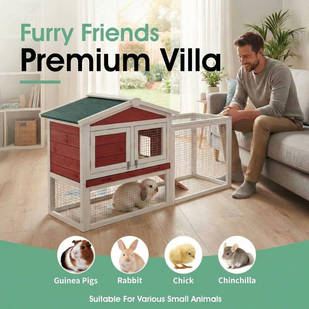 Huisuilinss Wooden Rabbit Hutch,Large Rabbit Cage,Indoor And Outdoor ChickenCoop Expandable With Anti-Chew Metal Frame Ramp,Cleaning Tray & Waterproof Roof For Backyard Small Animals